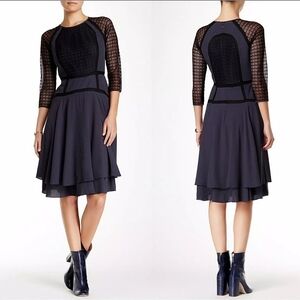 Rebecca Taylor Navy Blue & Black Long Sleeve evening Knee length dress Sz 12 NWT